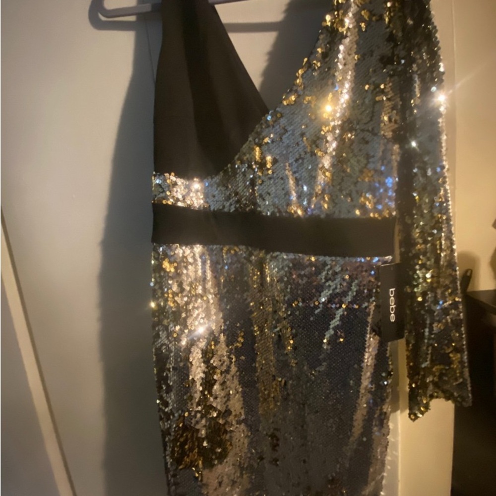 Bebe Black and Silver Sequin One-Shoulder Dress